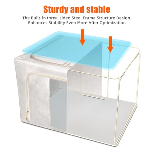 Foldable Clothes Storage Bins with Solid core powder-coated steel fram, 24/ 66L Storage Bags Fabric Box Organizer with Clear Window Zippers Sturdy Handles 2 Pack (Beige, 66L 2Pack) - size: 66L 2Pack