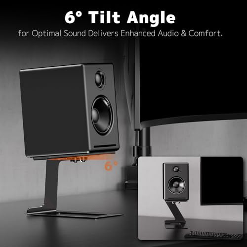 PUTORSEN Desk Speaker Stands,Desktop Speaker Stands for Most Small & Medium Bookshelf Speakers, Computer Speakers,Depth Up to 7.71in,6 Tilt Angle,Speaker Risers with Vibration Absorption Pad, Black - size: Height: 5.9"