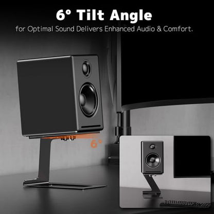 PUTORSEN Desk Speaker Stands,Desktop Speaker Stands for Most Small & Medium Bookshelf Speakers, Computer Speakers,Depth Up to 7.71in,6 Tilt Angle,Speaker Risers with Vibration Absorption Pad, Black - size: Height: 5.9"