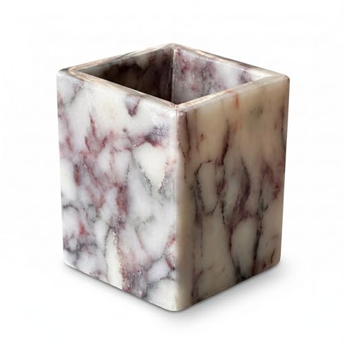 Natural Calacatta Viola Marble Pen Holder, Luxury Square Organizer Cup, Multi-Use Hand-Polished Storage for Desk, Bathroom Vanity, Kitchen Utensils & Makeup Brushes, 2.95” x 3.74” - color: Calacatta Viola