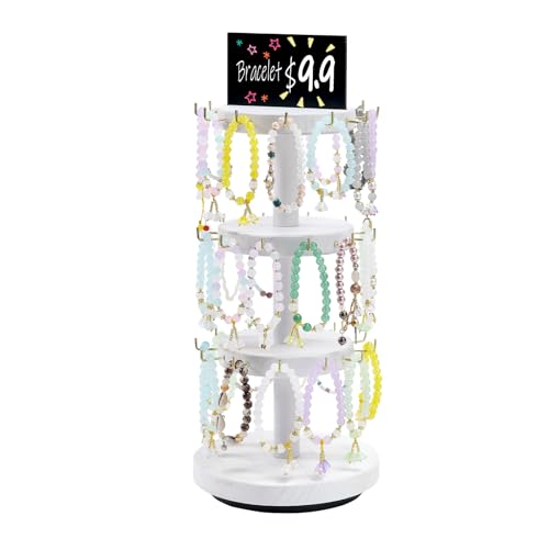 Pinzoveco Bracelet Holder, 3 Tier Wooden Rotating Bracelet Display Stand, Tree Stand Vendor Booth Display with Adversitsing Board, 36 Hooks for Bracelet, KeyChain Display Stand, White (Patent Pending) - color: Weathered White