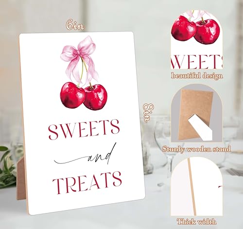 Cherry Wedding Signs for Reception, Pink Bow Favors Sweets and Treats Sign, Berry Wooden Wedding Signs with Stand, Pink Bow Bridal Shower Decoration, Bridal Shower Party Supplies for Reception, 13 - color: Wedding13