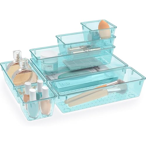 StorMiracle 7 PCS Clear Plastic Drawer Organizers Set, 4 Size Desk Drawer Organizer Trays for Makeup, Jewelry, Kitchen Utensils, Gadgets and Office Accessories, Sea Blue - color: Sea Blue, size: 7 PCS