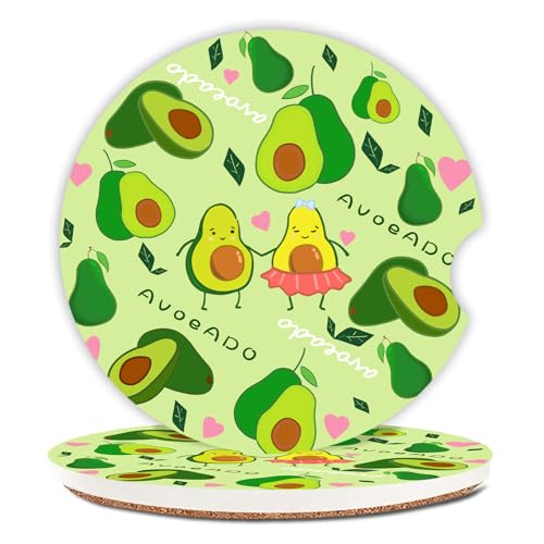 Cute Avocado Car Coasters: Pack of 2, Absorbent Ceramic Drink Cup Holder Coasters with Finger Notch for Easy Removal - color: Avocado