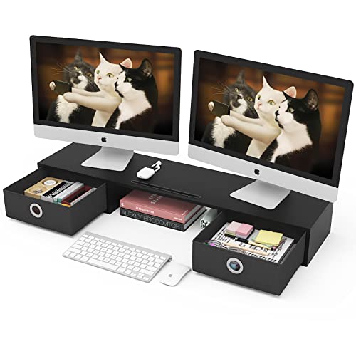 WESTREE Dual Monitor Stand Riser with Two Drawers, Extra Large Storage Monitor Stand for 2 Monitors, Desktop Oraganizer Stand for Computer,Laptop,Screen,Printer,TV - color: Black