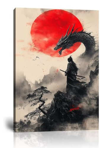 HQLLingArt Japanese Samurai Wall Art Picture Red Sun and Dragon with Samurai Poster Canvas Prints Modern Artwork Framed Ready to Hang(12''W x 16''H) - color: samurai art-18, size: 12"L x 16"W