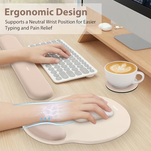 Sushret Mouse Pad and Keyboard Wrist Rest, 3-in-1 Gel Memory Foam Ergonomic Mouse Pad with Wrist Rest Set, Gaming Mousepad Arm Cushion Support for Computer Office Desk Accessories Cute Setup,Apricot - color: Apricot
