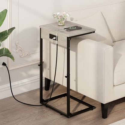 Vagusicc C Shaped End Table with Charging Station, Adjustable Height Side Table for Couch,Small Side Table Small Spaces,33.2'' Tall Couch Tables that Slide Under, Tv Tray Table for Living Room, Greige - color: Greige (1 Pack), style: With Plug