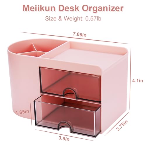 Meiikun Desk Organizer with Drawer, Pen Organizer for Desk, Small Pencil Holder, Desk Organizers and Accessories for Office Home Storage (2 Drawers+4 Compartments, Pink) - color: 4 Compartments + 2 Drawer (Pink)