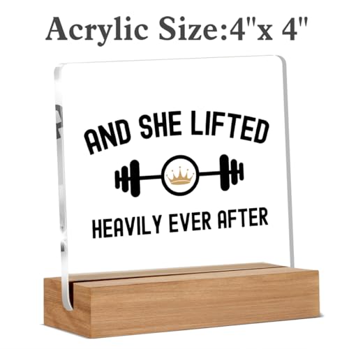Gym Gifts for Women Gym Lovers, Fitness Gifts for Weightlifting Trainer Bodybuilding, And She Lifted Heavily Ever After Acrylic Plaque Desk Signs Decor 4 × 4 Inches - color: AND