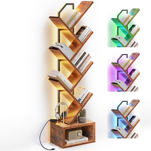 Casaottima Tree Bookshelf with LED Lights, 6-Tier Narrow Bookcase for Small Spaces, Tall Steel & Wood Storage Shelf with Cabinet, Home Decor & Organizer for Living Room/Bedroom/Home Office, Vintage - color: Vintage, size: 6 Tier