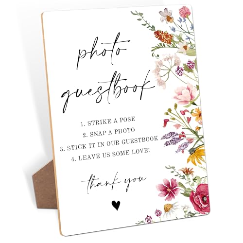Photo Guest Book Sign, Wedding Signs for Ceremony and Reception, Floral Bridal Shower Decoration, Wooden Wedding Signage, Bridal Shower Decor, Supplies For Engagement Anniversary Parties, 17 - color: Photo Guestbook Sign, 17