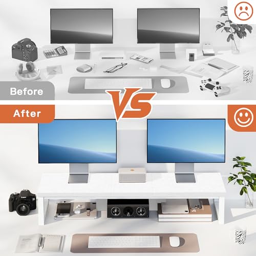 Dual Monitor Stand Riser, Large Computer Monitor Stand for 2 Monitors, Multi-Purpose Desk Organizers and Accessories, Wood and Steel Desk Shelf for Computer, Laptop, Printer, TV, White - color: White