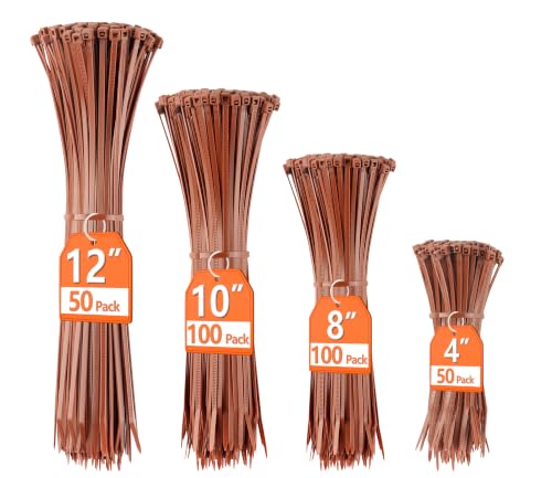 200pcs Brown Zip Ties, 12+10+8+4 Inch Heavy Duty Cable Ties with 55-22lb Strength, PA66 Self-Locking Nylon Wire Ties for Christmas Farming Fence Garden Trellis, UV Resistant - color: Dark Brown, size: 4+8+10+12 inch (200 pcs)
