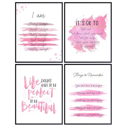 YELLOWBIRD ART & DESIGN Inspirational Quotes Wall Decor - Pink Motivational poster Set - Positive Affirmations Wall Art - Encouraging Gift for Women Girls - I Am - Inspiring Wall Art - UNFRAMED 8x10