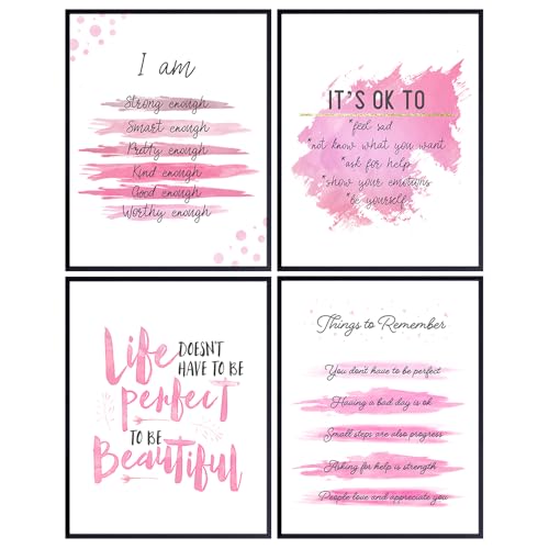 YELLOWBIRD ART & DESIGN Inspirational Quotes Wall Decor - Pink Motivational poster Set - Positive Affirmations Wall Art - Encouraging Gift for Women Girls - I Am - Inspiring Wall Art - UNFRAMED 8x10
