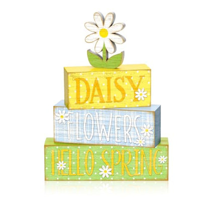 4Pcs Daisy Flower Hello Spring Wooden Stack Signs Rustic Farmhouse Tiered Tray Decor Yellow Blue Floral Wooden Table Decor for Spring Home Kitchen Office Gift - style: Hello Spring Daisies