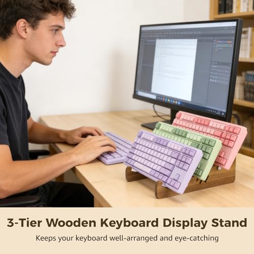 Joyibay Keyboard Display Stand, 3-Tier Wooden Mechanical Keyboards Organizer Shelf, 9.8 x 6.2 x 5.1 in, Protective Cork Pad Included, Ideal for Gaming Desktops, Collector's Display