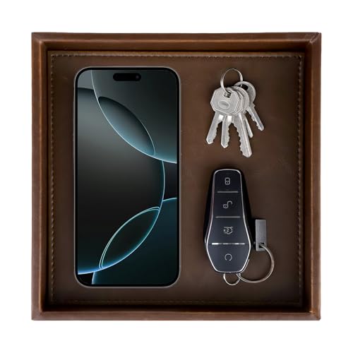 HofferRuffer Faux Leather Vanity Tray, Elegant Desktop Storage Organizer, Decorative Catchall for Perfume, Bathroom Valet, Nightstand or Dresser, 8 x 8 x 1.8 inches (Brown) - color: Brown, size: 8" x 8" x 1.8"