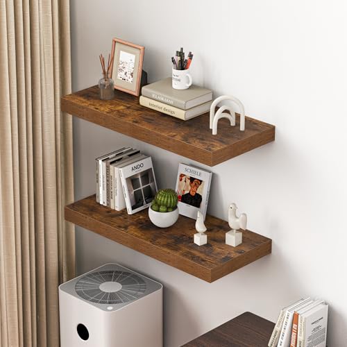 Dreamland 32" Floating Shelves for Wall, 12" Deep Thicker Floating Shelves, Wall-Mounted Shelves for Bedroom, Living Room, Kitchen, Bathroom,Rustic Brown - Set of 2 - color: Rustic Brown, size: 32"W x 12"D x 2"H, Set of 2