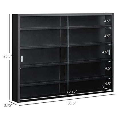 HOMCOM 5-Tier Display Cabinet, Glass Door Cabinet with Adjustable Shelves, Wall-Mounted Display Case for Playroom, Bedroom, Black - color: Black