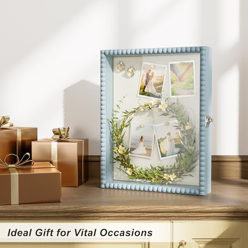 Love-KANKEI Shadow Box Frame 11x14, Deep Large Shadow Box Display Case with Unique Beads Door and Glass Window, Wood Memory Box Gift for Pictures,Medals,Memorabilia,Collections Blue - color: Blue, size: 11x14