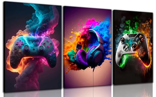 BGFCE Gaming Room Decor Canvas Wall Art Set of 3 - Cool Video Gaming Theme Wall Decor, Gamer Paintings Picture Print for Teen Boys Room 16x24 inch Framed - color: Colorful Splash Game Canvas, size: 24L" x 16W"