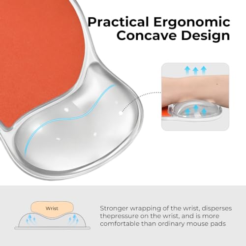 EooCoo Ergonomic Washable Mouse Pad with Gel Wrist Rest Support | Middle Concave Design, Relieve Wrist Pain, Non-Slip Base, Office Desk Accessories - color: Transparent Orange