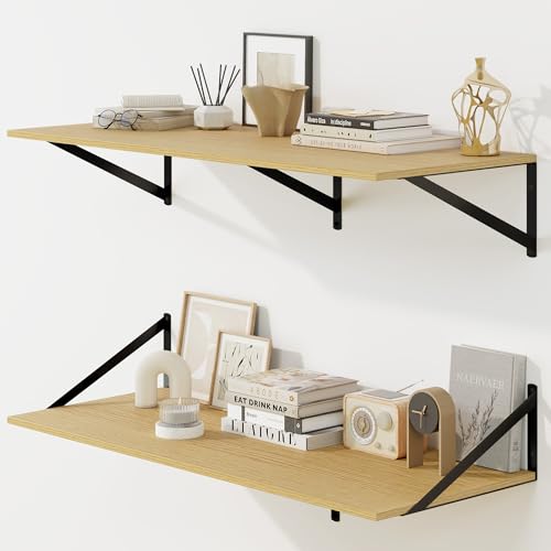 Fun Memories Floating Shelves for Wall, 12 Inch Deep Floating Shelves Set of 2, 36W x 12D Large Wall Shelf with Sturdy Metal Brackets for Living Room, Bathroom, Bedroom and Kitchen, Oak - color: A-oak, size: 36"w x 12"d