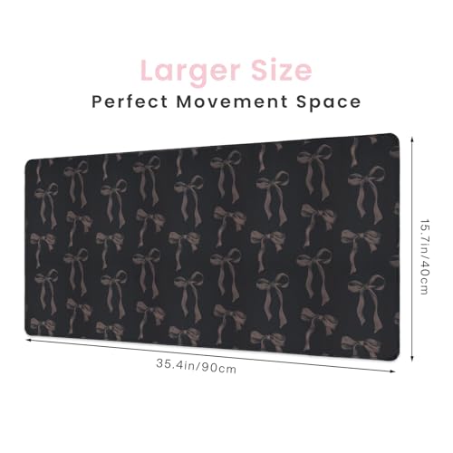 Black Desk Mat with Bows, Large Bow Mouse Pad Keyboard Mat for Computer Laptop Non-Slip Rubber Base Gaming Mousepad, Cute Black Desk Accessories Girly Office Desk Mat for Teen Girls Women 35.4 x 15.7 - color: Black Dark, size: 35.4" x 15.7"