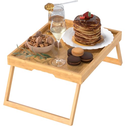 Bamboo Bed Tray Table with Foldable Legs, Breakfast in Bed Tray for Eating, Kitchen Serving Trays, Folding Table for Sofa, Beds, Eating, Working, Used As Laptop Desk Snack Trays, Bamboo - color: Bamboo, size: Medium