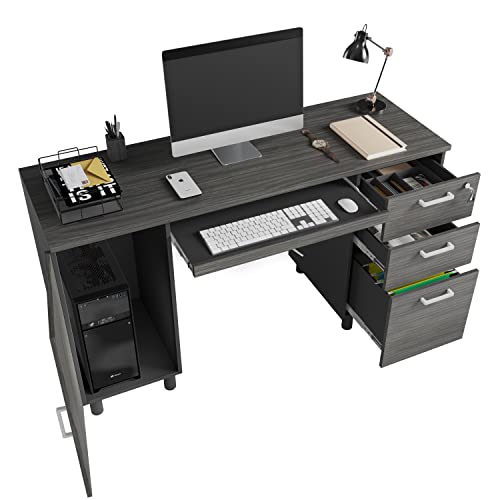 Modern Design Venice Computer Desk with Lockable Drawers, 53 Inch Home Office Desk with Storage Cabinet, Keyboard Tray & Cable Management, Modern Study Writing Desk for Small Spaces, Black and Grey - color: Black Grey