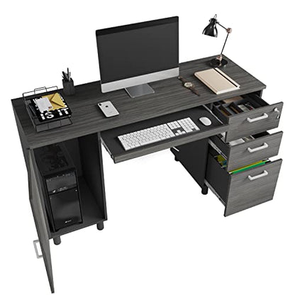 Modern Design Venice Computer Desk with Lockable Drawers, 53 Inch Home Office Desk with Storage Cabinet, Keyboard Tray & Cable Management, Modern Study Writing Desk for Small Spaces, Black and Grey - color: Black Grey