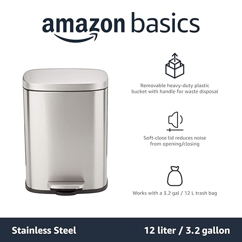 Amazon Basics SMALL Trash Can, 3.1 Gallon (12L), Smudge Resistant Rectangular Bin with Soft-Close Lid, Step Foot Pedal, Removable Inner Bucket, Brushed Stainless Steel, Satin Nickel Finish - size: Small, 12L/3.2 Gal