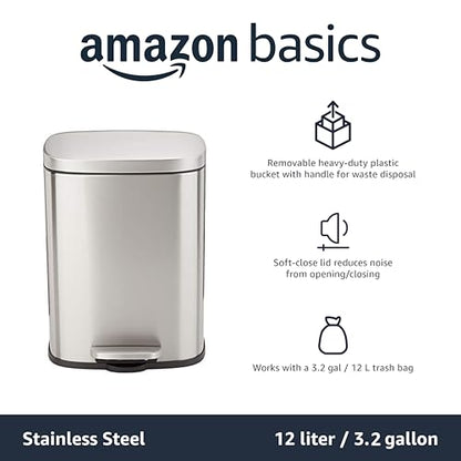 Amazon Basics SMALL Trash Can, 3.1 Gallon (12L), Smudge Resistant Rectangular Bin with Soft-Close Lid, Step Foot Pedal, Removable Inner Bucket, Brushed Stainless Steel, Satin Nickel Finish - size: Small, 12L/3.2 Gal