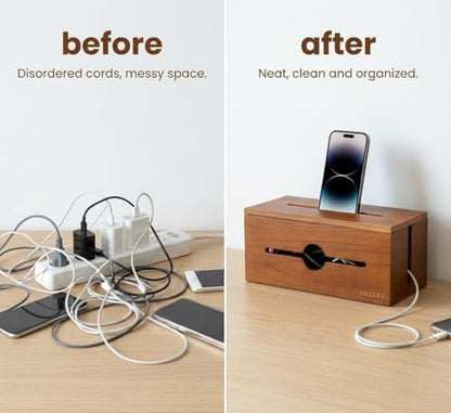 Wooden Cable Management Box for Power Strips, Desk Cord Organizer for Home Office & TV Stand, Hidden Cable Storage with Phone Stand