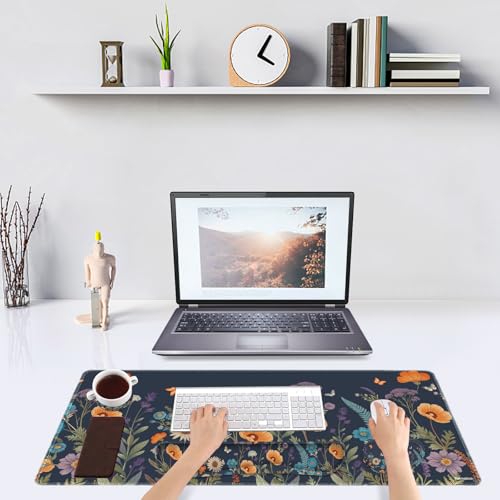 DINKY Desk Mat Keyboard Mouse Pad Set, Large Gaming Mouse Pad +Keyboard Wrist Rest +Mousepad with Wrist Rest +Coaster, Ergonomic Non-Slip 4 in 1 Combo, Flowers Plants Butterflies - color: Flowers Plants Butterflies