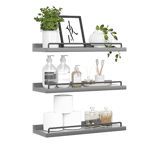 RYOFOBETTO Floating Shelves for Wall Decor, Grey Shelves for Bathroom, Living Room, Bedroom, Picture Frames, Plants, Kitchen (Set of 3) - color: Grey, size: 16"