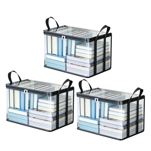 3 PCS Clear Book Storage Containers with Lids - Durable Comic Book Protector & Media Organizer - Collapsible Vinyl Storage Bag with Zipper for Books, Blu-Rays and Office Supplies - 15" x 9.5" x 12.5" - color: Black, size: 3-Pack