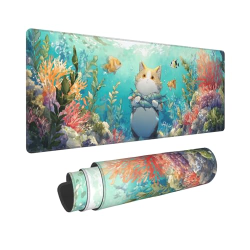 Cat Fish Mouse Pad Extended Large Gaming Mouse Pad XL Stitched Edges for Gamer Home Office 31.5 X 11.8 Inch - color: Cat Fish