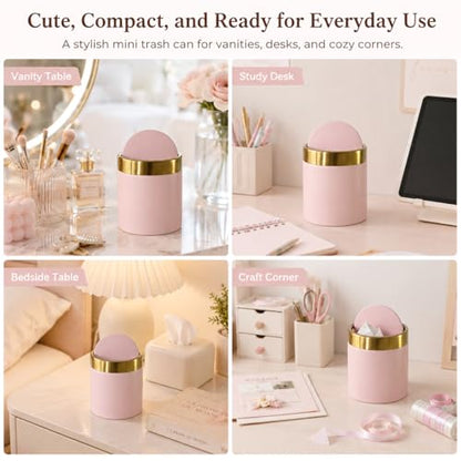 Pink Mini Countertop Trash Can with Lid – Metal Tiny Makeup Vanity Swing-Top Waste Bin, 1.5 L / 0.40 Gal - color: Pink