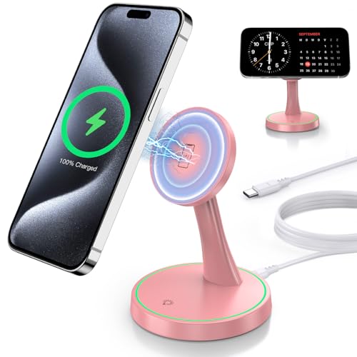 Magnetic Wireless Charger Stand 15W Fast Mag-Safe Charger for iPhone 17 /17 pro/ 17 Air/ 17 pro max 16/15/14/13/12 Series Magnet Wireless Charging Station/Pad with Sleep-Friendly Light for AirPods - color: Magneitc Purple