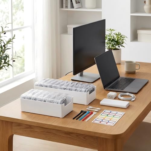 KUGUA 2 Pack Cable Organizer Box Set with 7 and 11 Clear Cases for Charging Cables, Chargers, Earphones and Small Accessories, Includes Cable Ties and Labels for Home, Desk and Drawer
