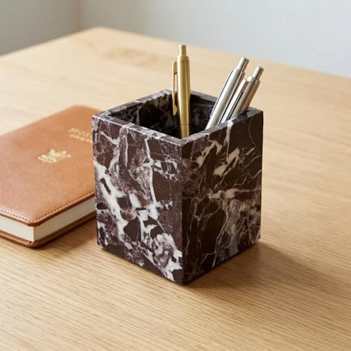 Natural Marble Pen Holder, Square Desk Organizer, Marble Toothbrush Holder, Multi-Functional Makeup Brush Holder, Decorative Storage Cup for Office Vanity Bathroom Kitchen (Rosa Levanto) - color: Rosa Levanto