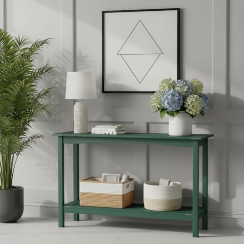 Weatherproof HIPS Outdoor Console Table, 48'' 2-Shelf Side Table Indoor/Outdoor Use, Multifunctional Buffet Table Bar Storage Organizer for Entryway, Patio, Outside Plant Stand Table, Green - color: Drak Green