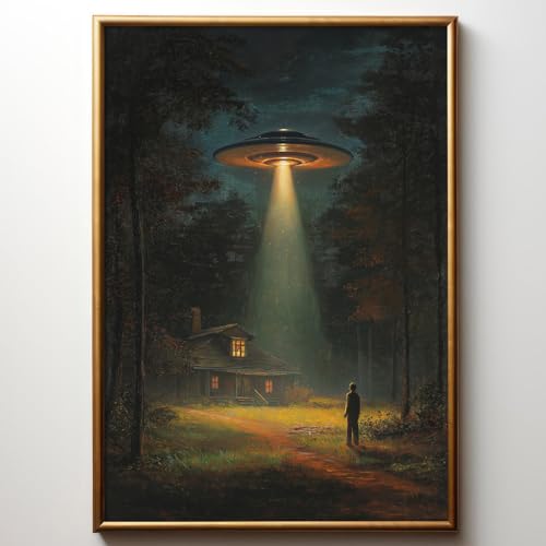 Retro Ufo Canvas Wall Art Alien Abduction Poster Ufo Landscape Painting Alien Prints Vintage Ufo Artwork Moody Forest Wall Painting Trippy Spaceship Picture Gothic Landscape Print 16x24inch No Frame - color: A1Unframed