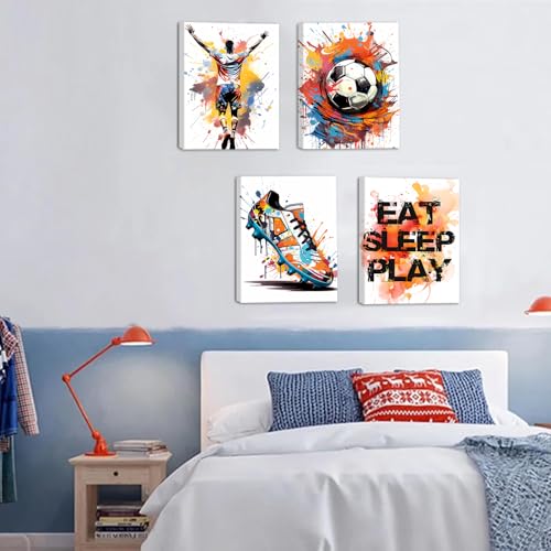 Graffiti Soccer Wall Art Sport Graffiti Art Soccer Shoes Posters Pictures Sports Theme Football Paintings for Bedroom Boys Room Teen Kids Playroom Home Decoration Set of 4(8"x10",Framed) - color: Framed--Graffiti Soccer Wall Art Poster