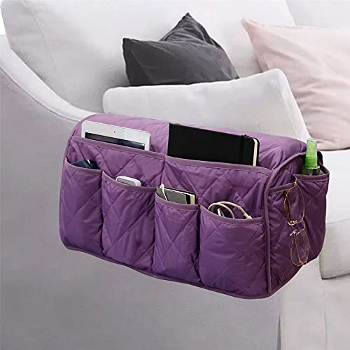 Armchair Caddy, Sofa Armrest Organizer with 14 Pockets, Waterproof Non Slip Recliner Remote Control Holder, Couch Chair Arm Storage for TV Remotes, Phone, iPad, Magazine, Books - color: Purple