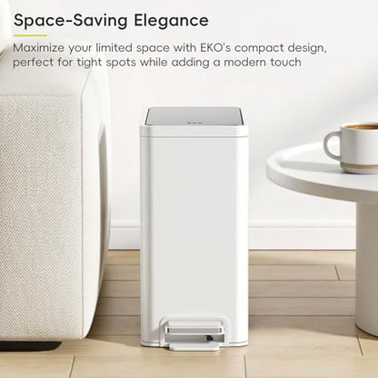 EKO Slim Small Bathroom Trash Can with Lid, Stainless Steel Small Garbage Can with Removable Inner Bucket, 6L / 1.6 Gal, Step On Trash Bin (White) - color: White, size: 6L