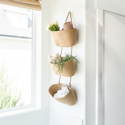 3-Tier Over the Door Hanging Basket (Set of 2) Adjustable, Detachable Woven Storage Baskets with Wall and Door Hooks - Decorative Boho Organizer for Nursery, Playroom, Bedroom, Kitchen, Apartment